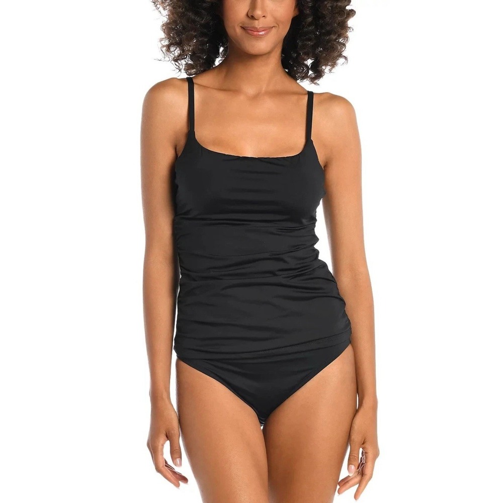 $93‎ LA BLANCA Underwire Black Swim Tankini Top with Removable Pads Sz 6 NWT